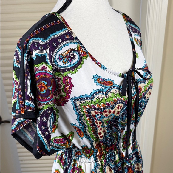 Claudia Richard Tunic Size M Multicolor Paisley Blouse Doman Kaftan Tie Front - Picture 3 of 9